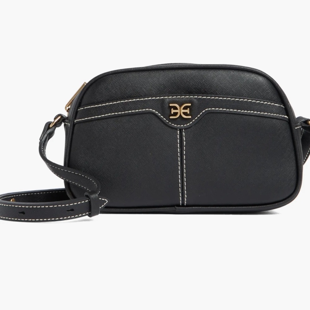Sam Edelman Leather Camera Crossbody Bag Black with White Stitching NWT.